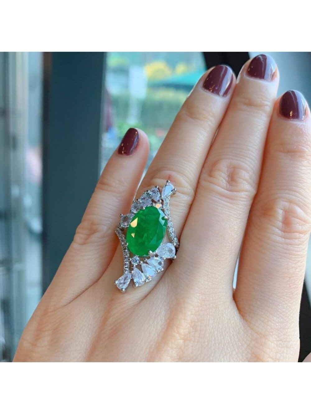 Vintage 925 Sterling Silver Emerald & Diamond Ring, 3Ct CZ Cocktail Engagement